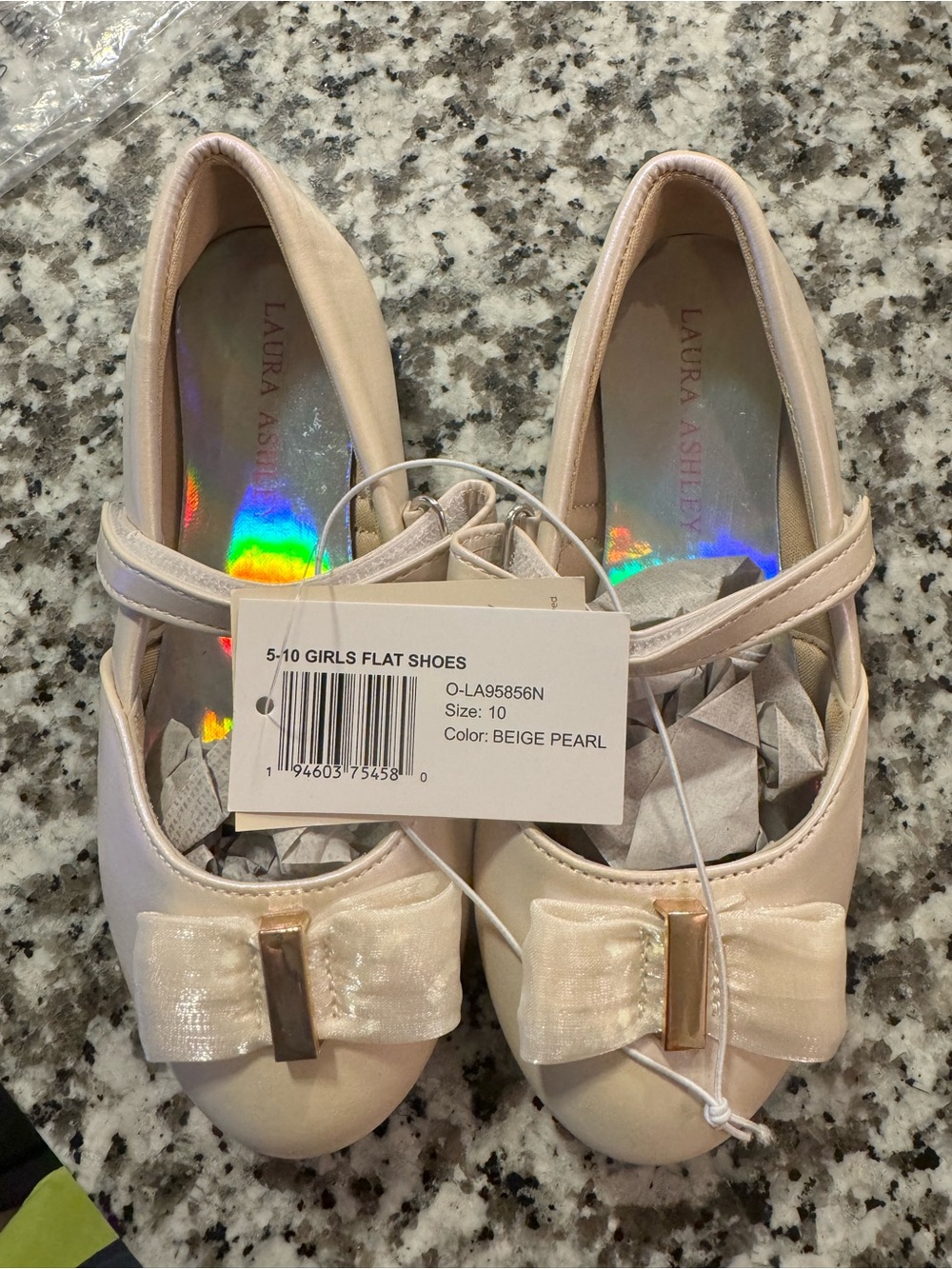 Laura Ashley Beige Pearl Bow Mary Jane Flats for Girls